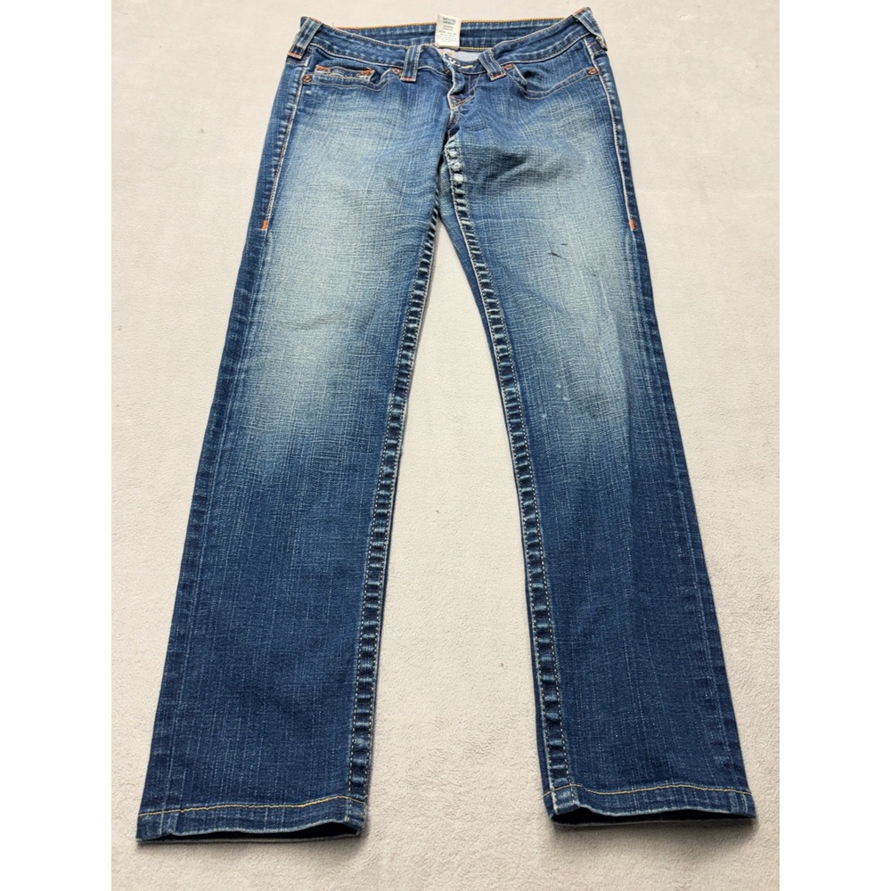 True Religion Womens Low Rise Straight Leg Jeans Blue Orange Stitch Size 29 USA